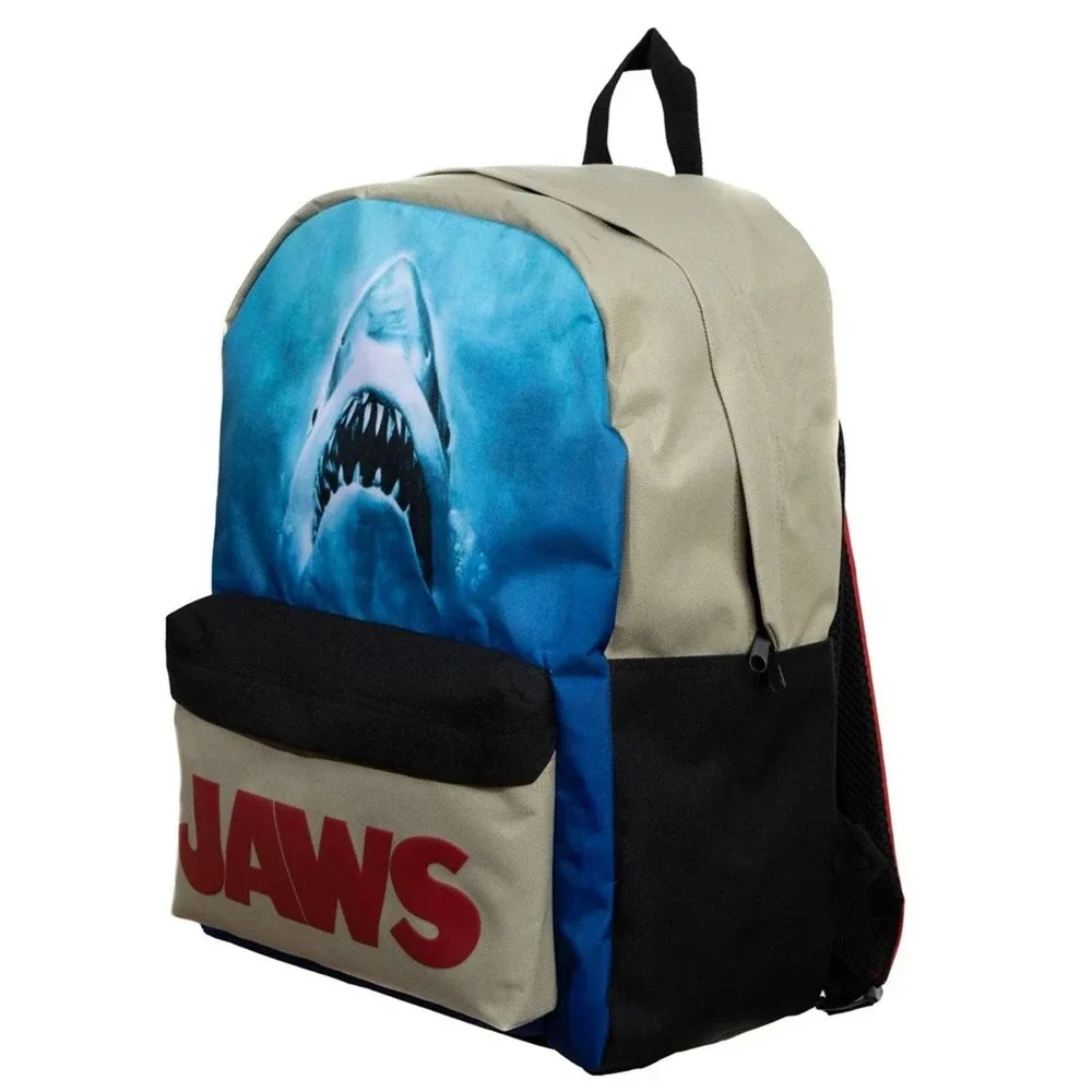 Bioworld Jaws Shark Graphic Backpack in Blue, Black, Beige with Red Logo